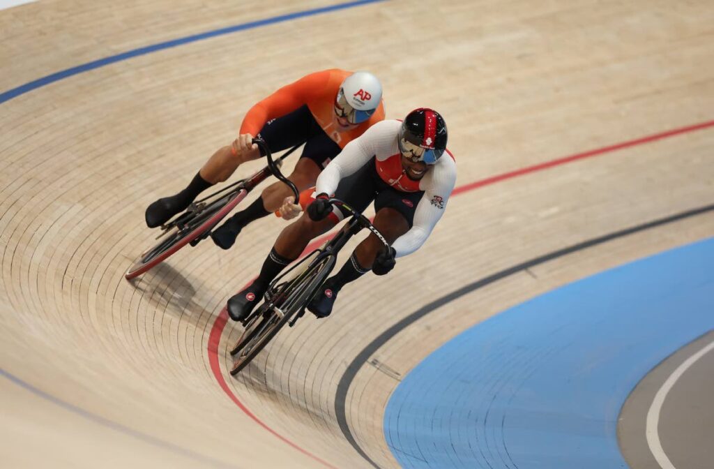 Trinidad and Tobago cyclist Nicholas Paul, front, in the men's sprint semifinals against Dutchman Jeffrey Hoogland at the UCI Track Cycling Championships in Ballerup, Denmark on October 20. - UCI (Image obtained at newsday.co.tt)