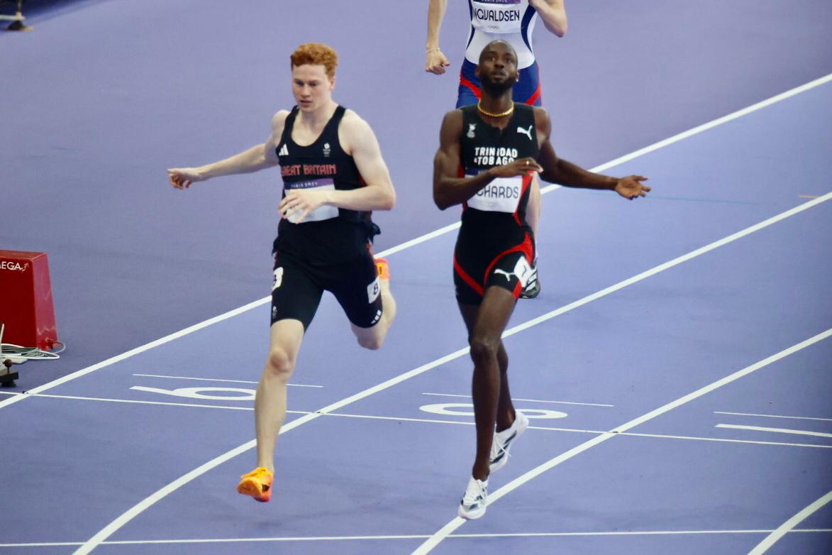 Jereem Richards finishes second in Semi-Final 1 of the men's 400m at the Paris Olympics to qualify for the final. (Photo credit - Marlon Reid/LoopTT) (Image obtained at tt.loopnews.com)