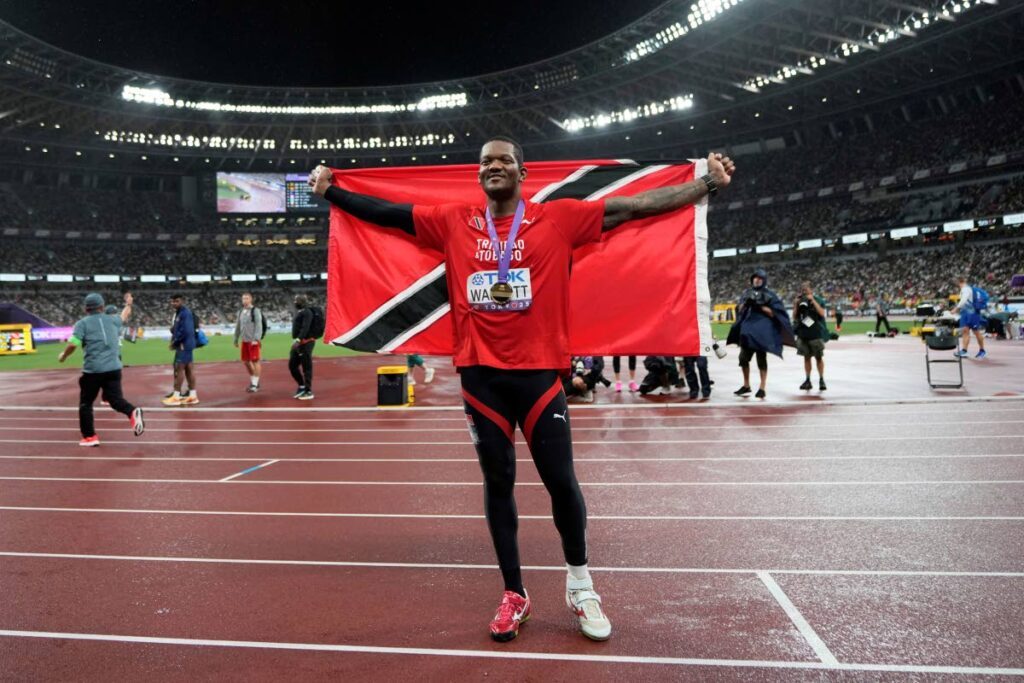 AMAZING KESHORN: Keshorn Walcott celebrates after winning gold medal in the men's javelin throw final at the World Athletics Championships in Tokyo on September 18. - (Image obtained at newsday.co.tt)
